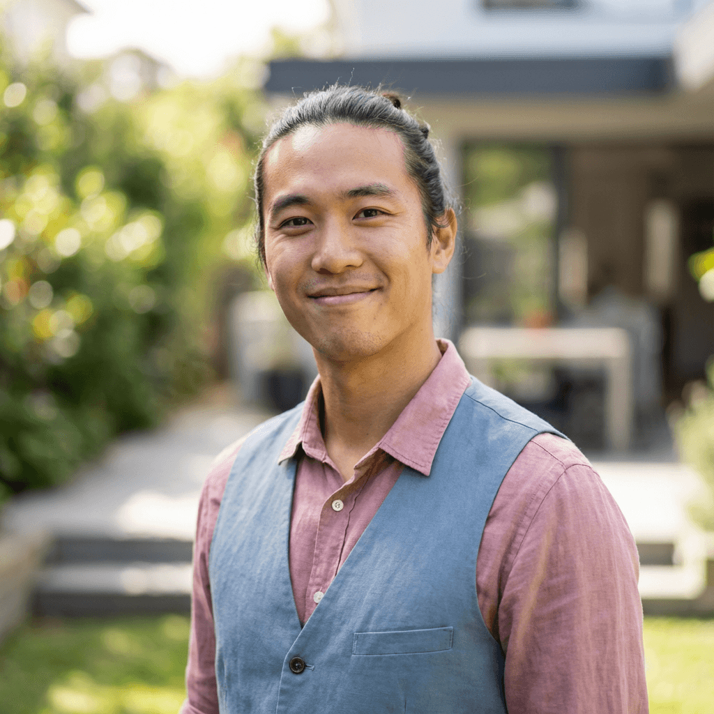 Marcus Chen by a food stand with warm evening light