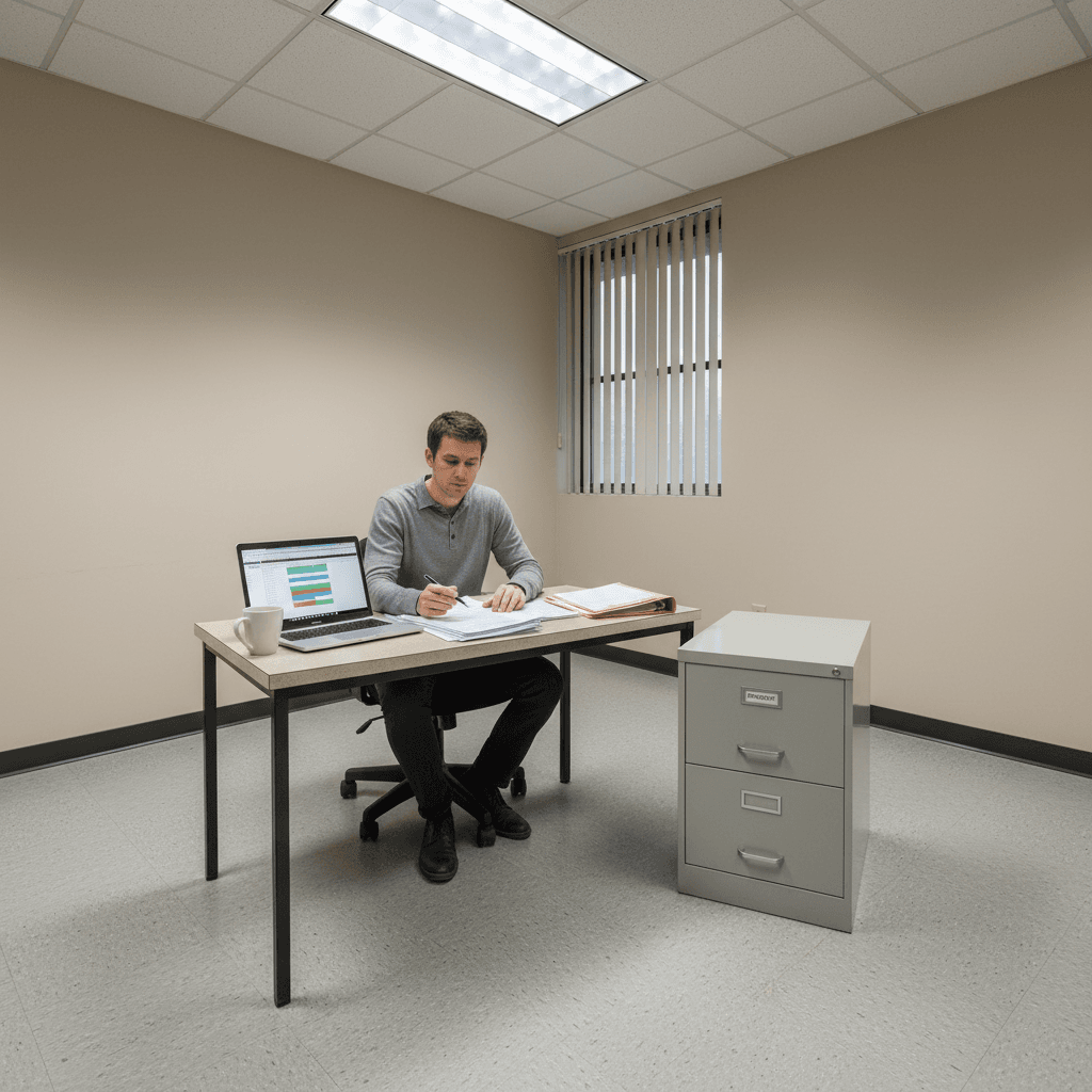 Person working at a desk in a small office with papers and laptop