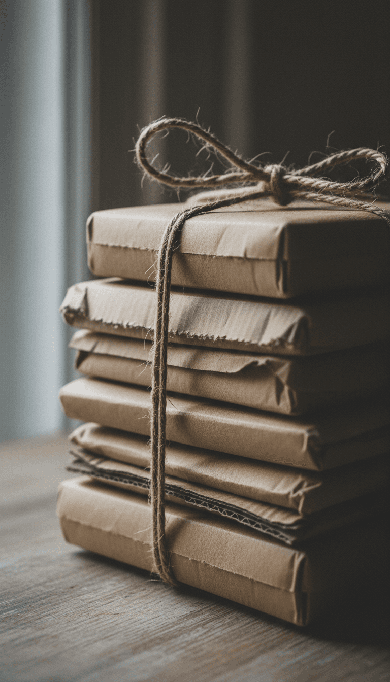 Stack of brown parcels tied with twine on a wooden table