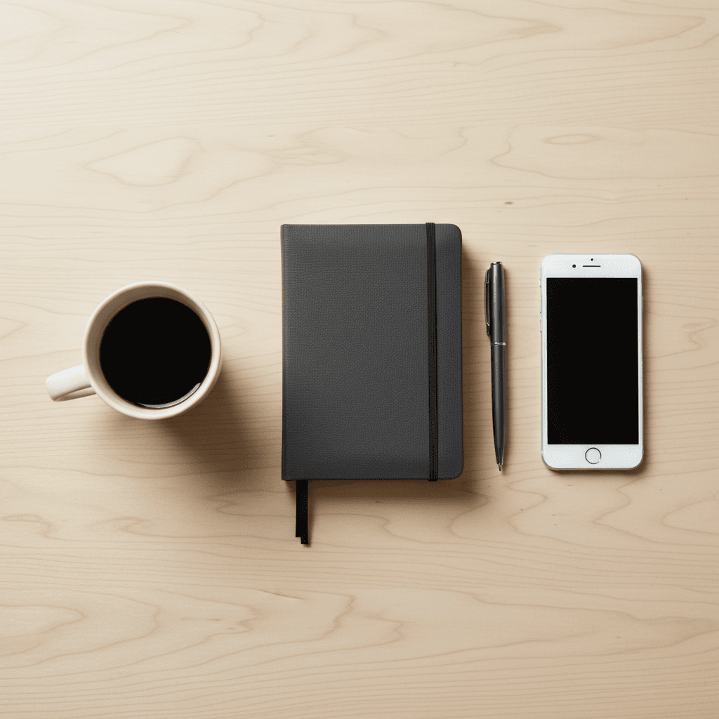 Flat lay of a notebook, pen, and coffee cup on a desk