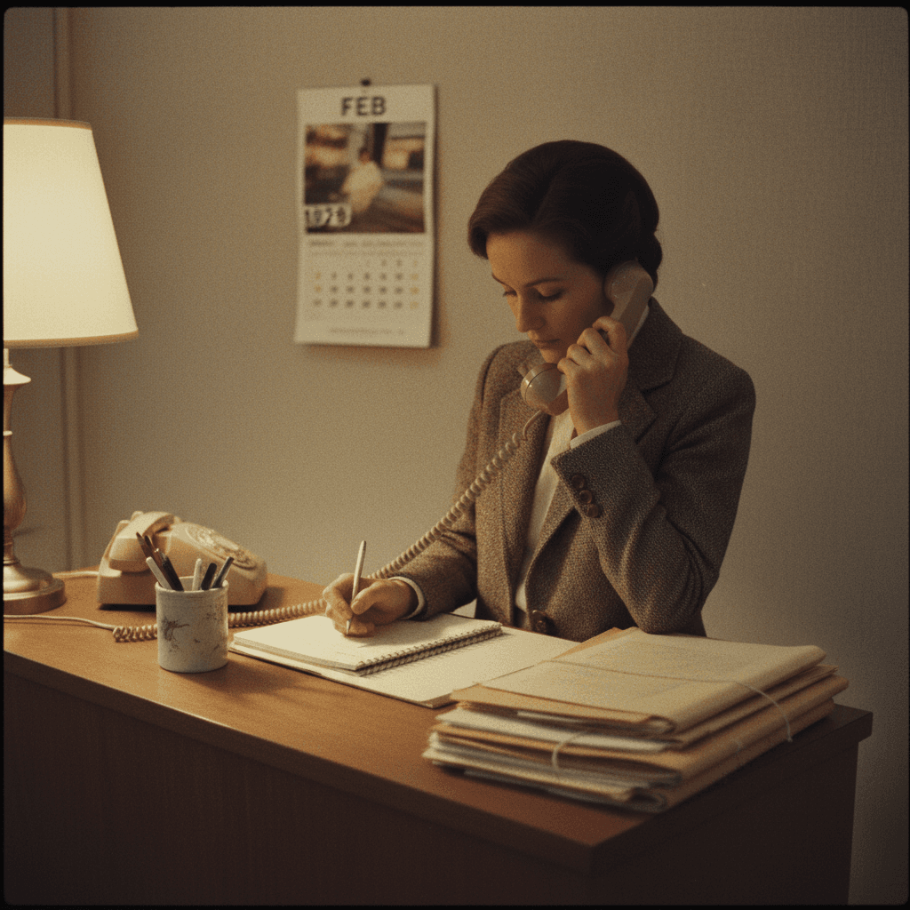 Person handling a phone call at a small reception desk