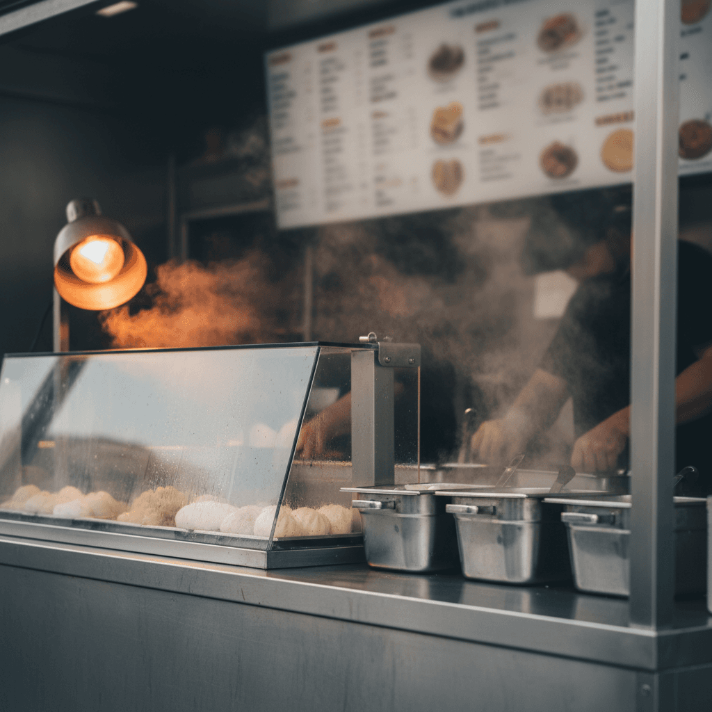 Steam rising from a mobile food stand counter on a grey afternoon
