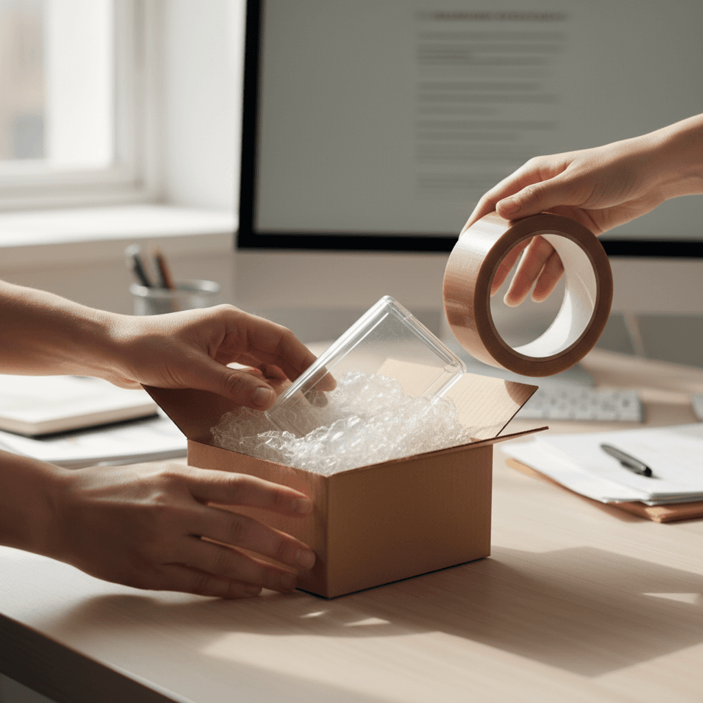 Hands packing a mail-order parcel at a desk