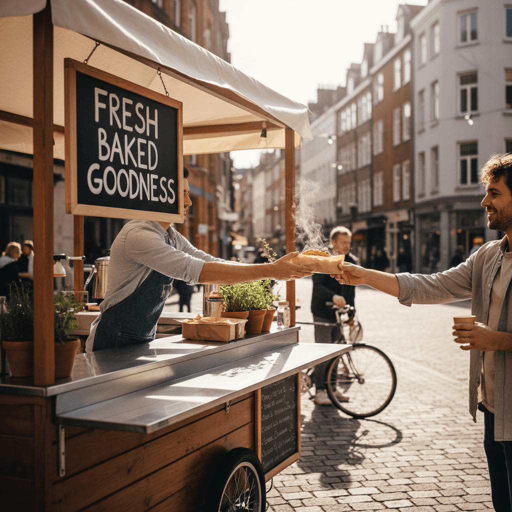 Mobile food stand serving a customer on a street