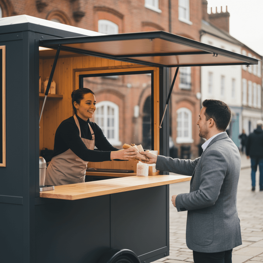 Person at a mobile food stand serving a wrapped item to a customer
